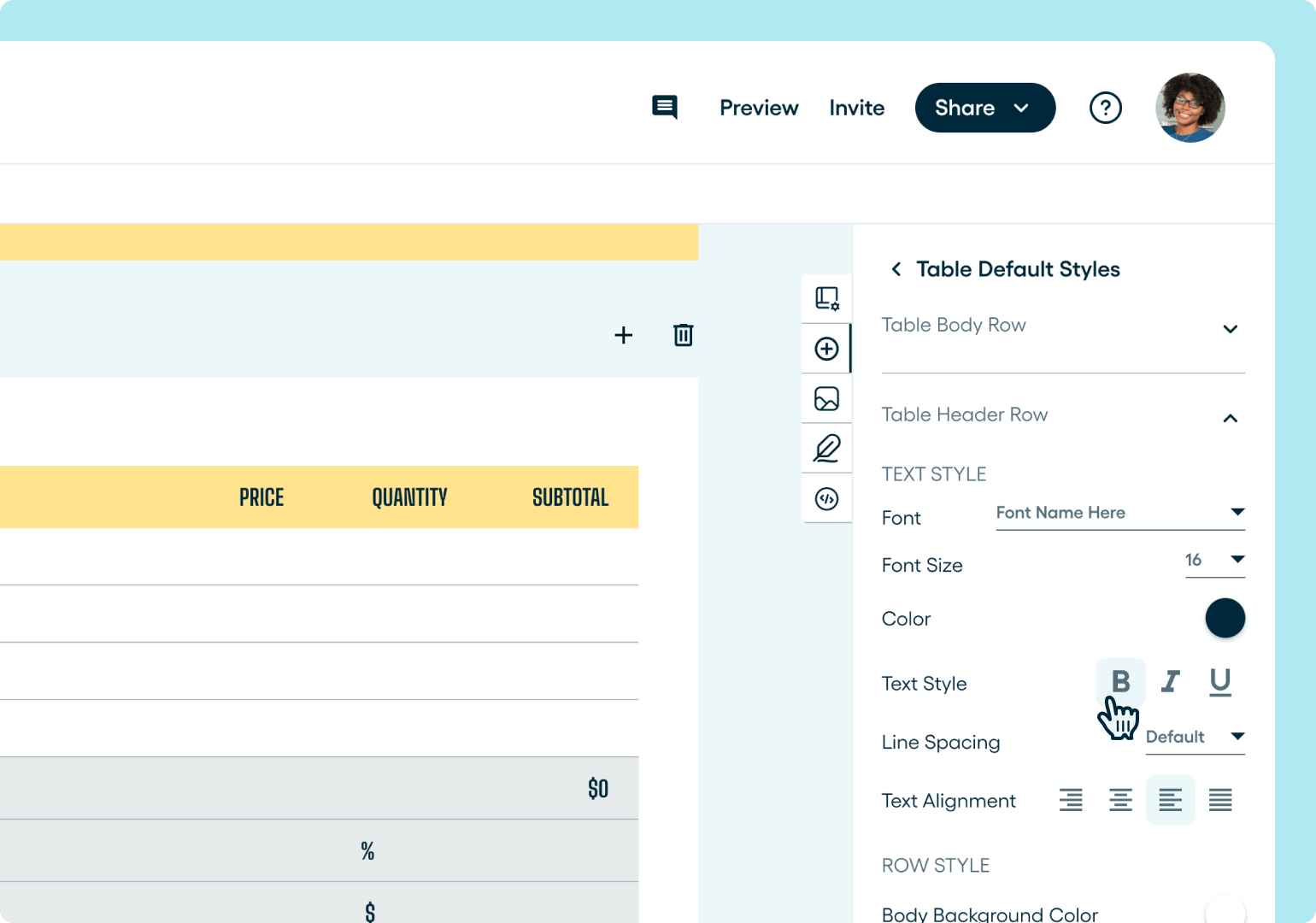 Adjusting the default style settings for a Proposify pricing table.